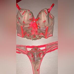 Victoria's Secret Neon Pink and Cream Lace Bra Set
